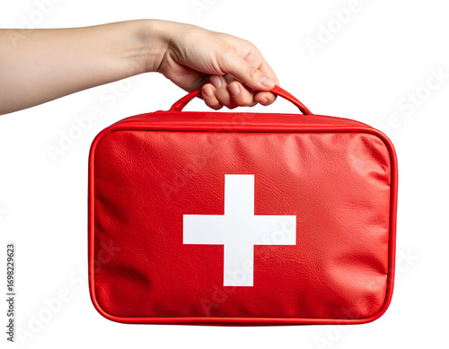 Safety Concept. Hand Presenting Red First Aid Box, Transparent Background.