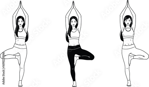 Graceful woman practicing Vrikshasana yoga pose, promoting balance and mindfulness.