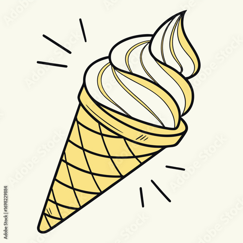Vector art of handdrawn illustration of a vanilla soft serve ice cream cone with yellow accents on a light background