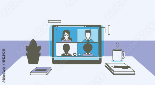 Digital meeting illustration with people and tablet on a desk setting