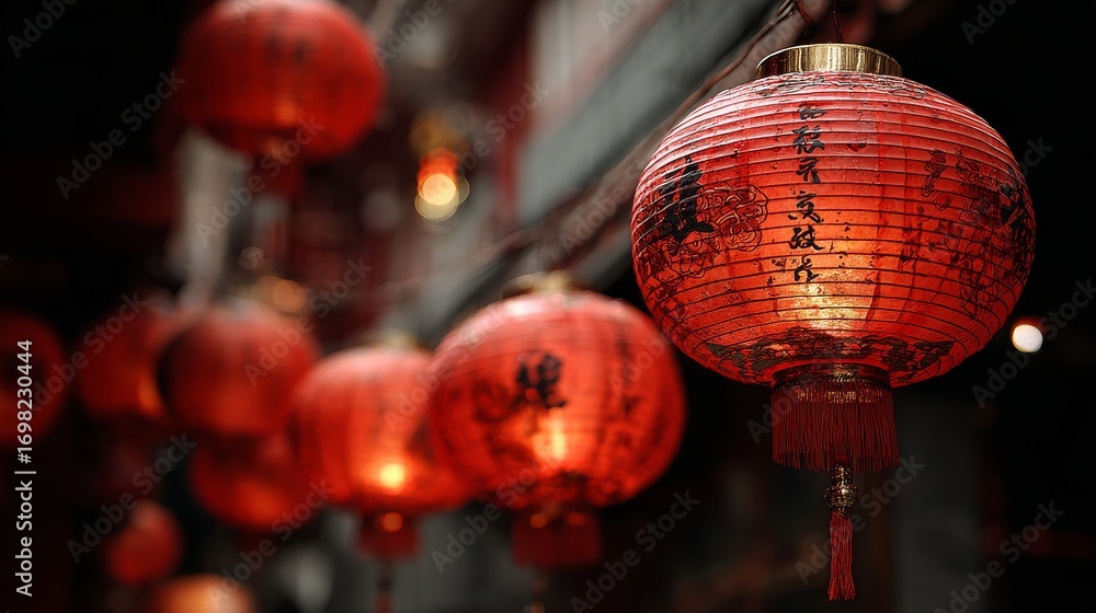 Fototapeta premium Decorative Red Paper Lanterns Suspended in Rows for Asian Festival and Cultural Celebration