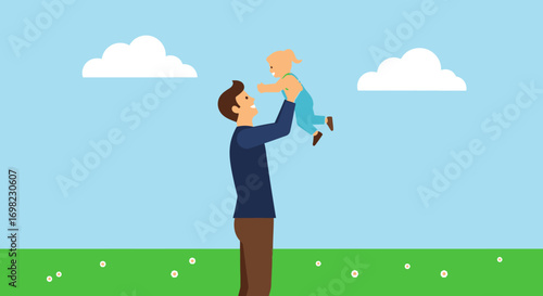 Happy Dad Holding Baby in Air on Green Field and Blue Sky Day