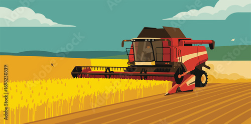 Combine harvester working in a wheat field scene
