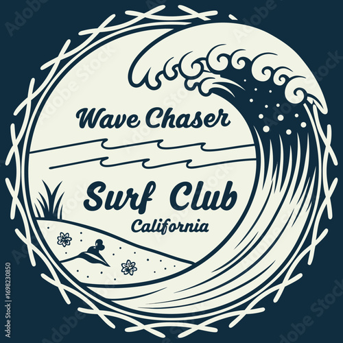 Vector art of vintage wave chaser surf club california circular emblem with a large crashing wave and sandy beach