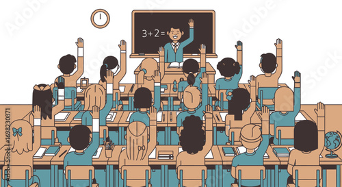 Enthusiastic students answering a teacher in the classroom illustration