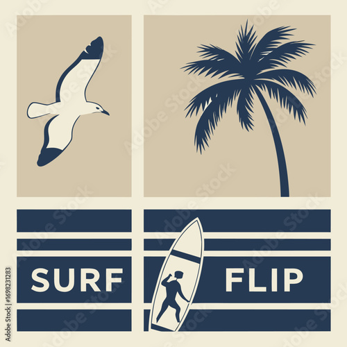 Vector art of surf flip graphic with a seagull, palm tree, and a surfer on a surfboard