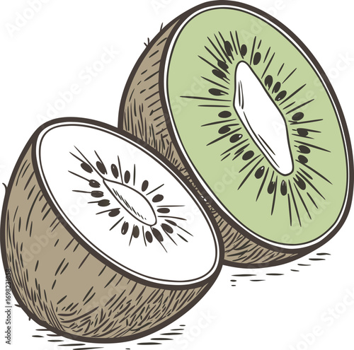 A juicy slice of ripe, green kiwi fruit isolated on a white background for a healthy vegetarian diet