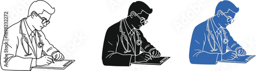 Focused doctor wearing glasses and stethoscope diligently writing on a clipboard