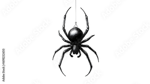 Simple spider dangling from thin thread line art isolated on white background