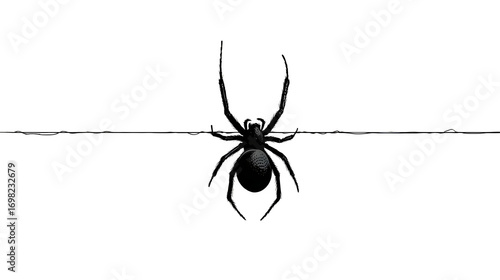 Simple spider dangling from thin thread line art isolated on white background
