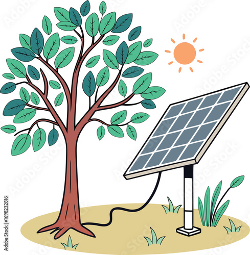 An array of photovoltaic panels on a tree branch generates clean, green electricity from the sun's powerful rays