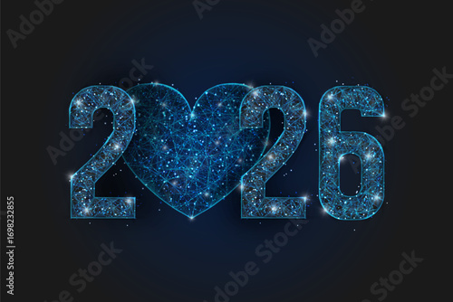 Abstract isolated blue image of new year number 2026. Polygonal low poly wireframe illustration looks like stars in the black night sky in space or flying glass shards. Digital web, internet design.