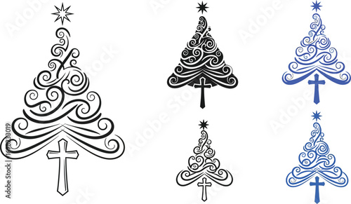 Elegant Christmas tree designs with a Christian cross emblem, symbolizing faith and holiday spirit.