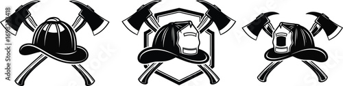 Iconic firefighter helmets and axes symbolize bravery and emergency services.