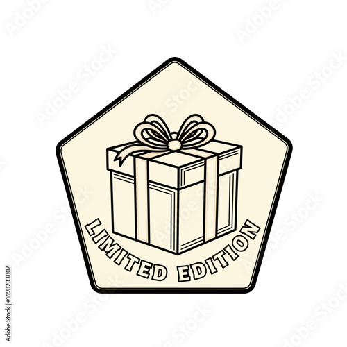 Limited Edition gift box icon. Vintage present symbol on a pentagon badge. Retro line art illustration for special offers and exclusive products.