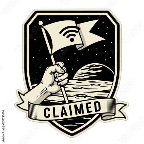 CLAIMED vector illustration of a hand planting a Wi-Fi flag on the moon. A concept of digital colonization, internet expansion, and space exploration.
