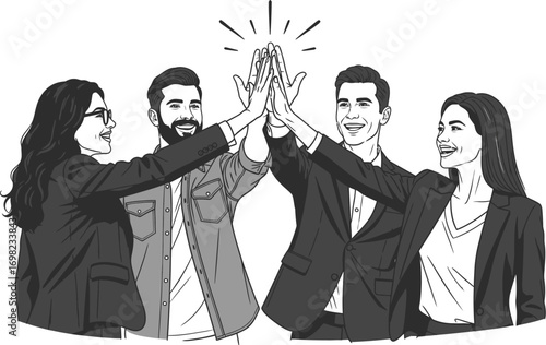 Diverse team celebrating success with a high five, embodying collaboration and achievement.