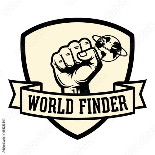 WORLD FINDER logo with a clenched fist holding a globe. Retro emblem design symbolizing global power, strength, and discovery. Vector illustration on a shield.