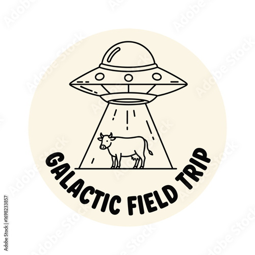Galactic Field Trip. Funny cartoon illustration of a UFO abducting a cow. Alien spaceship with a tractor beam lifting a farm animal into the sky.