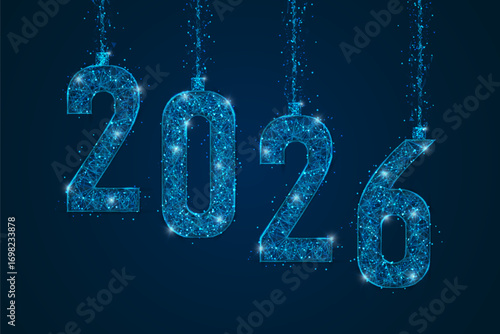Abstract isolated blue image of new year number 2026. Polygonal low poly wireframe illustration looks like stars in the black night sky in space or flying glass shards. Digital web, internet design.