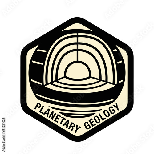 Planetary Geology logo emblem. Vector graphic of a planet cross-section showing core and layers. Science and space exploration patch design.