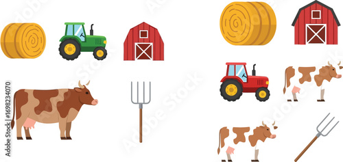 Charming farm icons showcasing tractors, barns, cows, hay bales, and pitchforks for agricultural themes.