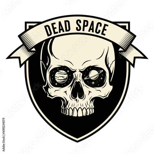 DEAD SPACE skull with a galaxy in its eyes. Cosmic human skeleton head with planets and stars on a shield. Vector illustration for a tattoo or emblem.