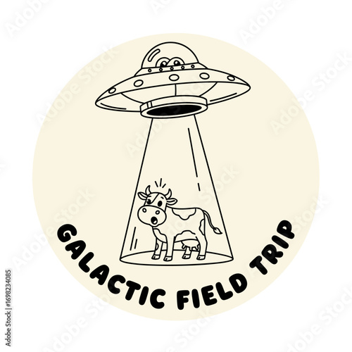 Galactic Field Trip. Funny cartoon illustration of a UFO abducting a surprised cow. Alien spaceship with a tractor beam in a whimsical doodle style.