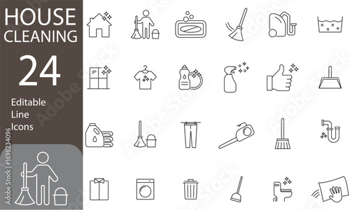 House Cleaning Editable Line Icons Set. Sponge, vacuum cleaner, containing washing, broom, soap, maid, laundry, home cleaning, and more. Pictograms and infographics, Vector illustration
