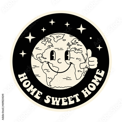 Home Sweet Home. Retro cartoon Earth character with a happy face giving a thumbs up. Vintage style planet illustration on a sticker.