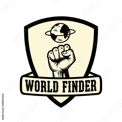 World Finder logo with a raised fist holding a planet. Vintage emblem design symbolizing global power, exploration, and discovery. Retro graphic illustration.