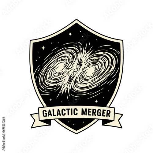 Galactic Merger emblem illustration. Vector graphic of two colliding spiral galaxies in space. Astronomy and cosmology concept art.