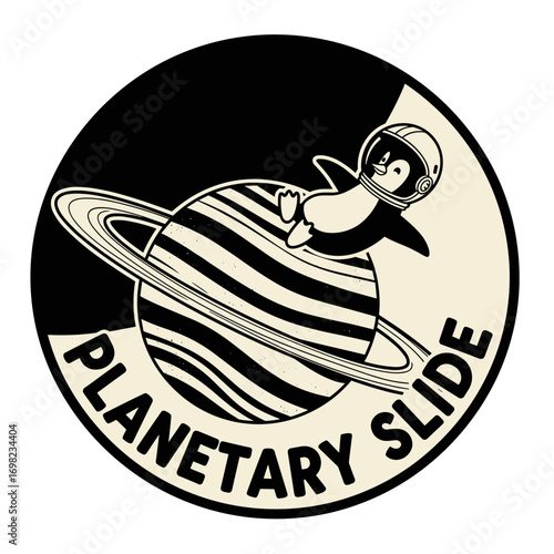 Planetary Slide. Cute cartoon penguin astronaut sliding on the rings of a planet in outer space. Vintage retro style illustration for a logo or sticker.