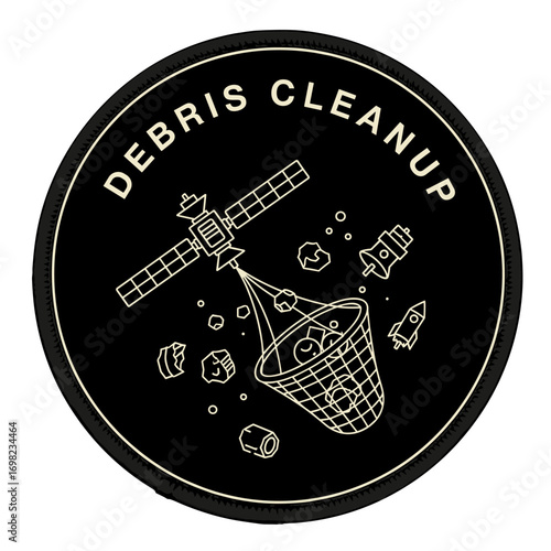 DEBRIS CLEANUP. Satellite collecting space junk with a net. Orbital waste removal mission patch concept illustration.
