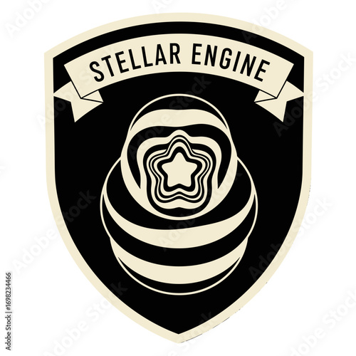 Stellar Engine, retro space emblem with abstract star. Vintage cosmic logo design on a shield patch.