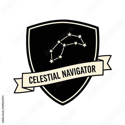 Celestial Navigator logo with Ursa Major constellation on a shield emblem. Vintage space exploration graphic illustration. Astronomy and navigation symbol isolated on white background.