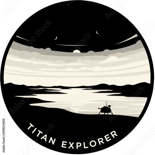 Titan Explorer mission patch logo. Vector illustration of a space lander on the shore of a lake on a distant alien moon. Retro futuristic science fiction graphic.