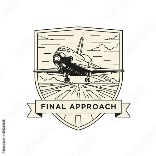 Final Approach, Space Shuttle landing on a runway. Vintage style emblem of a spacecraft, line art illustration of an orbiter on a landing strip.