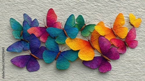   A rainbow of colorful butterflies perched on a white wall adjacent to red, yellow, green, and blue ones