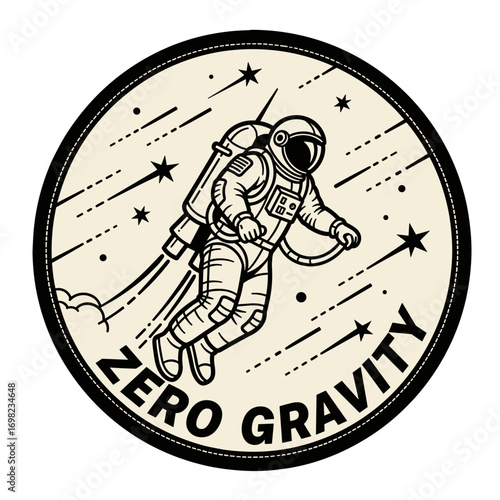 Zero Gravity astronaut flying in space with a jetpack. Retro vintage style space mission patch emblem. Black and white line art illustration.