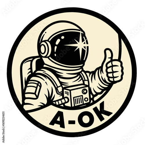 A-OK retro astronaut giving a thumbs up. Vintage space explorer illustration in a circle. Spaceman character design for a sticker or patch.