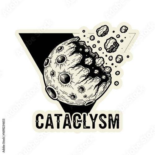 CATACLYSM illustration of an exploding planet. Vintage style drawing of a celestial body breaking apart in space. Apocalyptic space disaster concept.