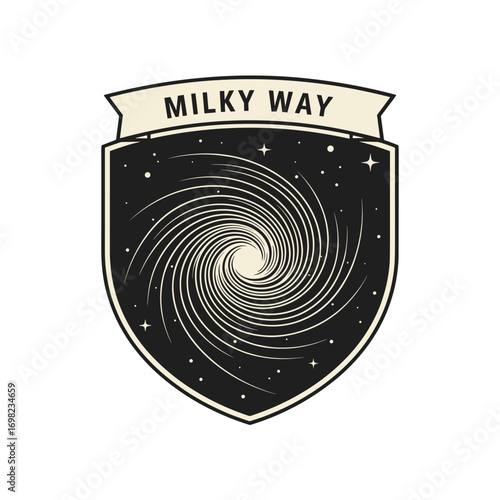 Milky Way vintage emblem. Illustration of a spiral galaxy in a shield patch. Cosmic space logo design.