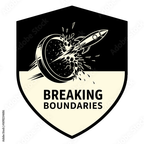 Breaking Boundaries logo with a retro rocket ship smashing through a barrier. Vector illustration symbolizing innovation, progress, and overcoming obstacles.