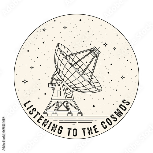 Listening to the Cosmos. Radio telescope dish antenna pointed at a starry night sky. Vector line art illustration for space exploration and astronomy.