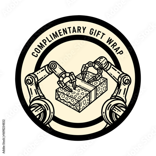Complimentary Gift Wrap logo with robotic arms. Retro illustration of automated gift wrapping service. Vintage style icon for free present packaging.