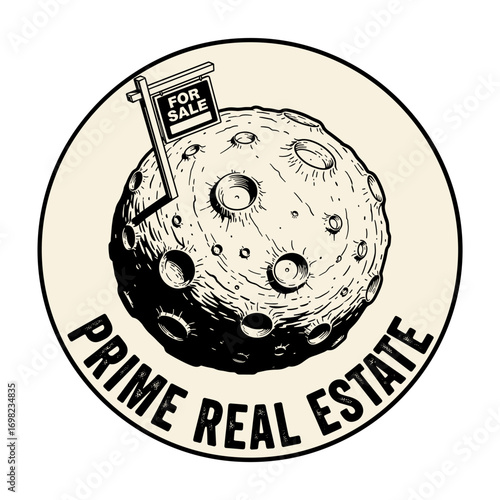 Prime Real Estate For Sale on the Moon. Humorous illustration of lunar property investment and space colonization. Conceptual graphic of a cratered planet with a realtor sign.