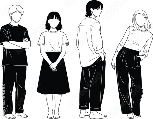 Diverse group of four individuals depicted in a minimalist line art style, showcasing casual fashion.