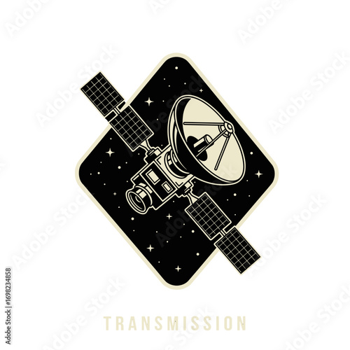 TRANSMISSION satellite in space illustration. Retro space probe with antenna and solar panels for communication and exploration. Vintage technology icon or logo.