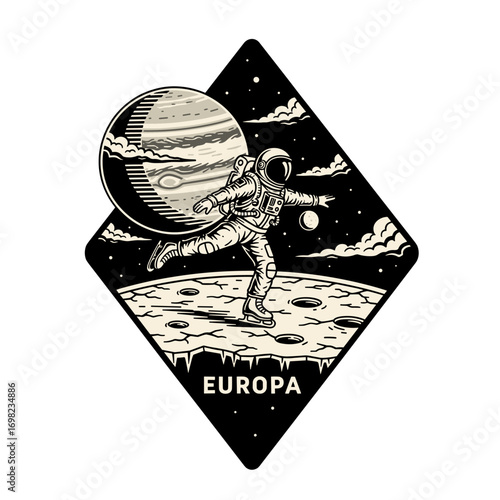 EUROPA astronaut ice skating on a frozen moon. Whimsical space exploration vector illustration with Jupiter in the background. Retro sci-fi graphic design.